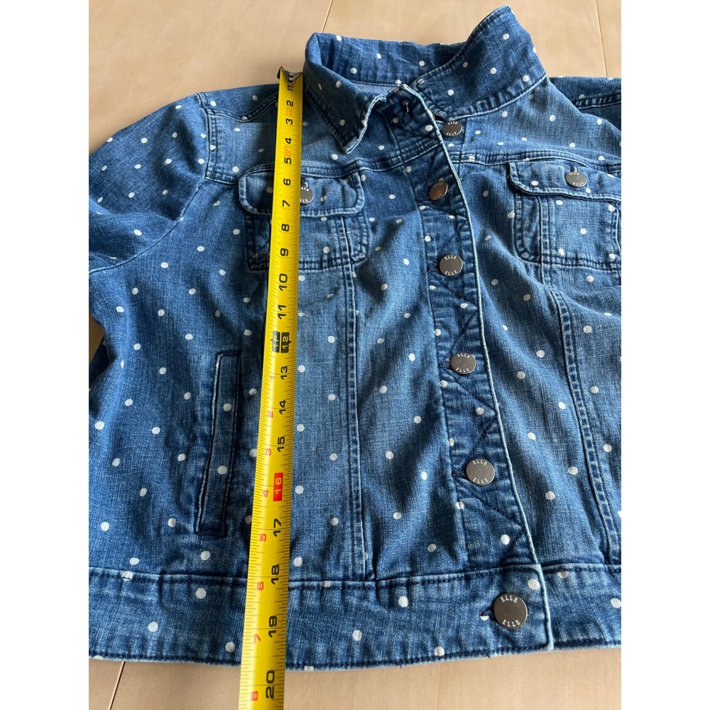 ELLE Polka Dot Cotton Denim Jacket Womens XL Blue White Stretch Jean Trucker - Picture 11 of 11